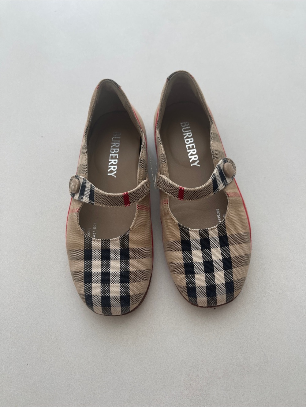 Burberry Beige Check Mary Jane Flats with Red Accent